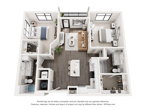 Floor plan for 2 beds, 2 baths, 1091 sqft